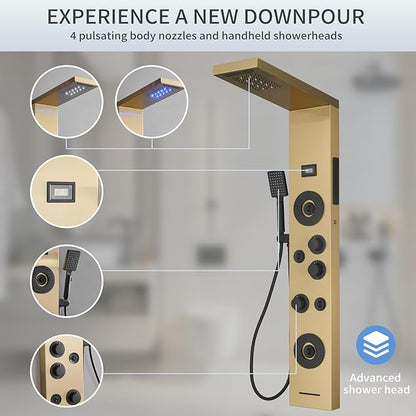 Brushed Gold Shower Panel LED Rainfall Shower Head, Bathroom Shower Panel Tower System Body Massage 6-Functions Temperature Display Wall Mount, Gold