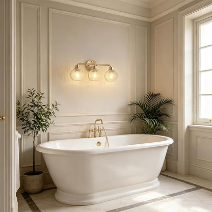 Bathroom Light Fixtures Gold Vanity Light 3 Light Brushed Brass | Wall Sconces Lighting with Crackle Globe Glass Shades Bath Wall Lamp for Mirror Kitchen Living Room Bedroom Hallway