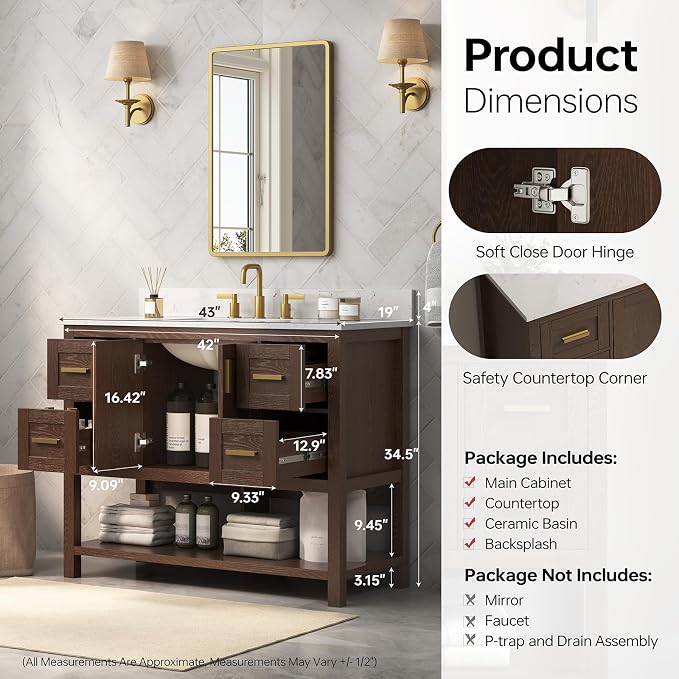 42 Inch Bathroom Vanity with Sink, Fully-Assembled, Walnut | Farmhouse Bathroom Vanity Cabinet with Solid Wood Frame, Soft-Close Drawers & Open Shelf, Ceramic Sink & Backsplash
