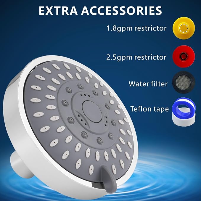 Voolan High Pressure Shower Head - 4 Inch Rain Showerhead - High Flow Bathroom Shower with 5 Spray Settings For a Luxury Showering Experience Even with Low Water Pressure (Chrome)