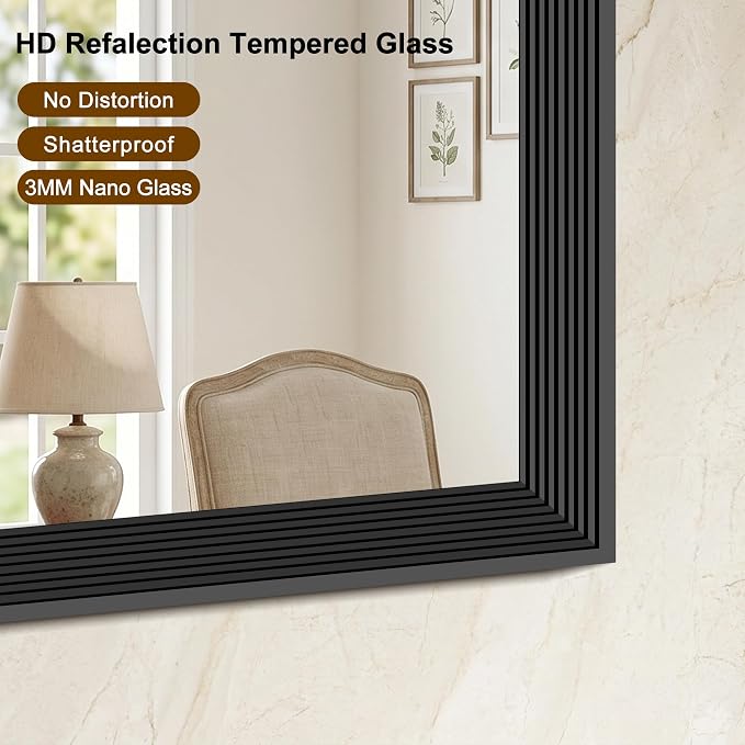 DESBING Large Bathroom Mirror for Over Sink, 60” x 40” Black Rectangle Bathroom Mirrors for Double Vanity, Metal Ribbed Textured Framed Wall Mirror for Bathroom, Living Room, Bedroom,Dressing Room