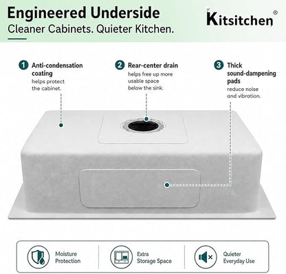 Kitsitchen RV Kitchen Sink,16 Guage T304 Stainless Steel Undermount Kitchen Sinks with Sink with Strainer & Bottom Gird, 25" x 15" x 7" Single Bowl Drop In Kitchen Sink For RV, Outdoor,Bathroom