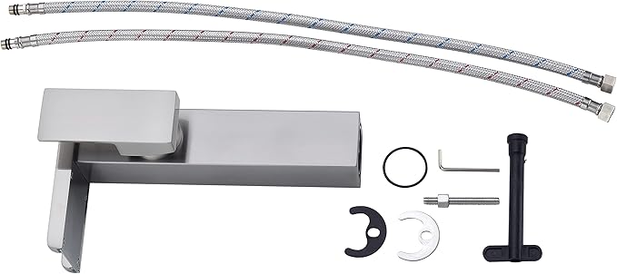LED Waterfall Bathroom Sink Faucet, 3 Colors Spout Faucet with Water Supply Hose, Single Handle Single Hole Slanted Body Brass Mixer Vanity Sink Tap (Brushed Nickel)