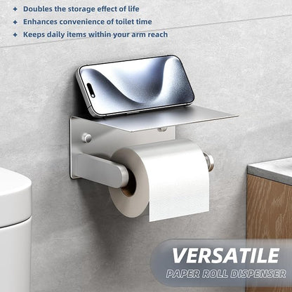 Toiler Paper Holder with Phone Shelf, Brushed Nickel, Wall Mounted | 304 Stainless Steel, Rust-resistant Tissue Holder for Bathroom Restroom Powder Room, Stable Paper Roll & Phone Storage