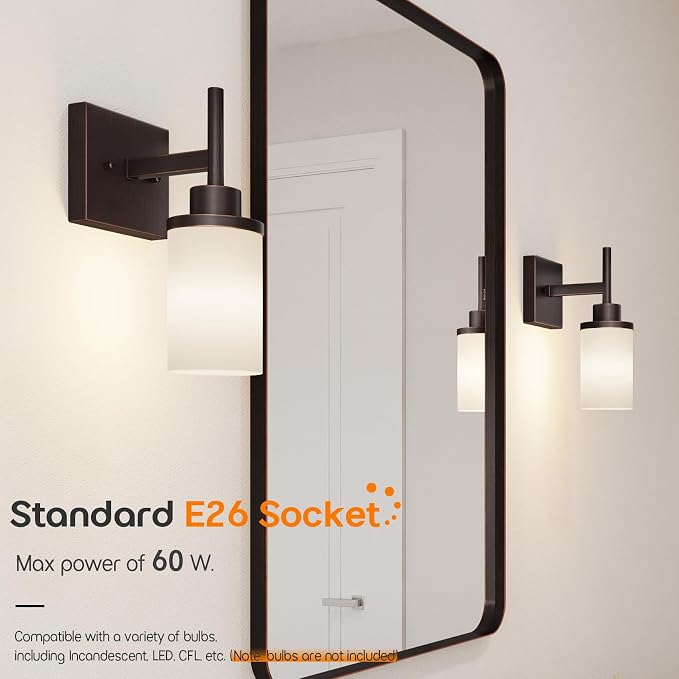 Wall Lights Over Mirror Bathroom Vanity Light Fixtures with White Frosted Glass, Wall Sconce for Porch Hallway Entrance, Oil Rubbed Bronze T001ORB-L1