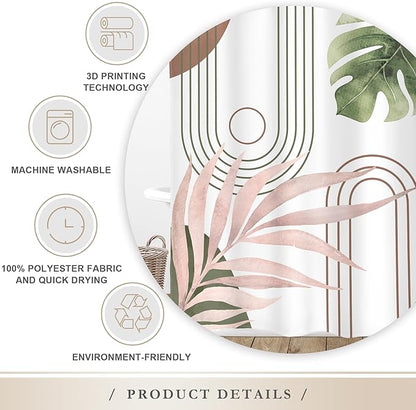 Glawry Abstract Tropical Shower Curtain Chic Boho Plant Palm Leaf Watercolor Pink Green Simple Minimalist Bathroom Modern Botanical 60Wx72L Inches Bath Accessories Art Home Decor Fabric with Hooks