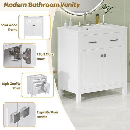 Harper & Bright Designs 60" Bathroom Vanity Set with Double Sink, Vanity Cabinet with Flip Drawer, 2 Doors, and Adjustable Shelf, Solid Wood Bathroom Cabinet with Ceramic Basin for Bathroom, White