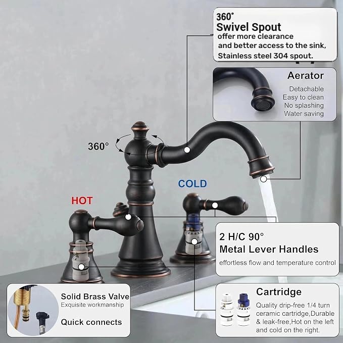 Two Handle Bathroom Sink Faucet Oil Rubbed Bronze 3 Hole Sink Faucet with Pop up Drain, 8 Inch Widespread Bathroom Faucet,High Arc Lavatory Faucet,2 Pack,F-8805-ORB