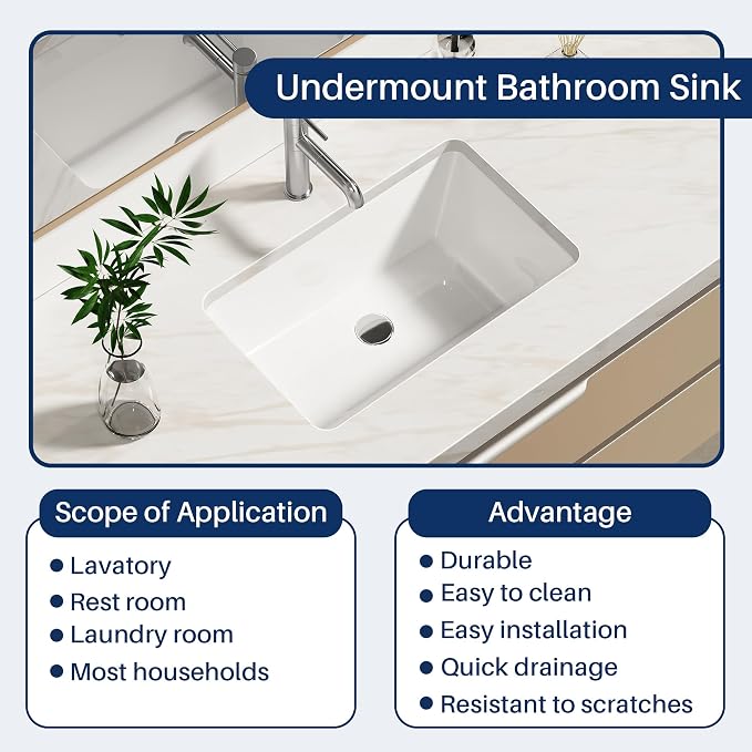 Enbol 18.6x11.2 Inch Undermount Bathroom Sink White Ceramic Durable Scratch Resistant Easy Clean with Overflow - ECU1811