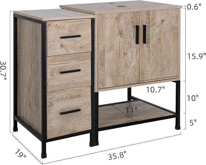 UEV 36" Bathroom Vanity, Oak Color Bathroom Vanity Set with Sink and 3 Drawers Side Cabinet Combo, with Adjustable Water Temperature Faucet (A09)