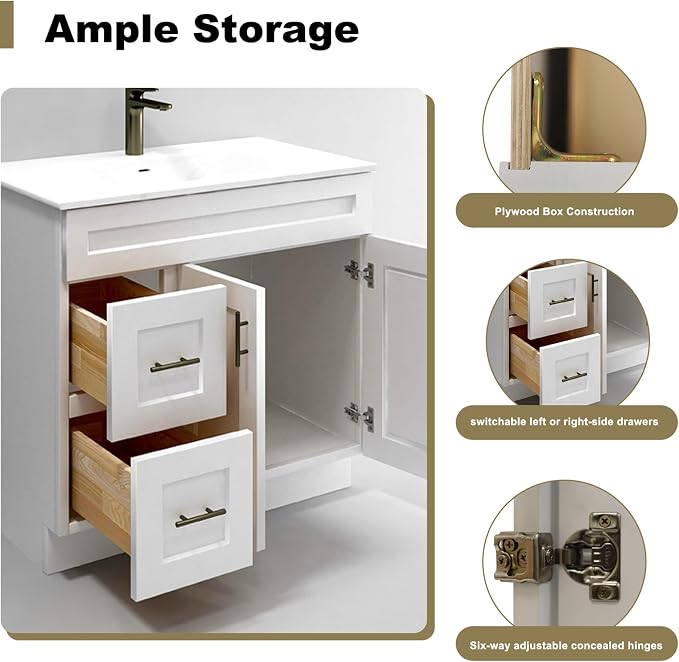 36" White Shaker Bathroom Vanity Base – Ready-to-Assemble Sink Cabinet with Drawers, Freestanding Bathroom Vanity Base Only, No Top or Sink
