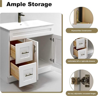 36" White Shaker Bathroom Vanity Base – Ready-to-Assemble Sink Cabinet with Drawers, Freestanding Bathroom Vanity Base Only, No Top or Sink
