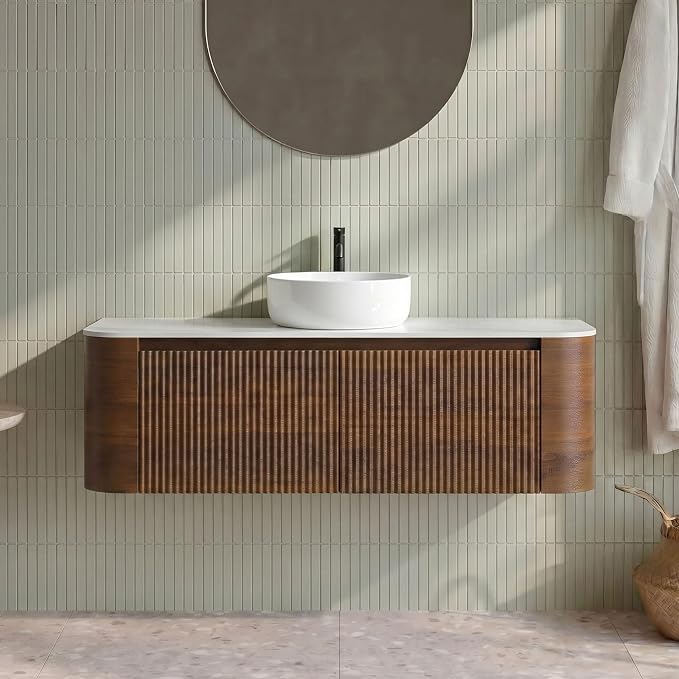 48" Preassembled Floating Bathroom Vanity with Round Sink, Walnut | Mid-Century Modern Style, Fluted & Soft-Close Drawer with U-shaped Wall, Sinterted Stone Countertop, Towel Rack Included