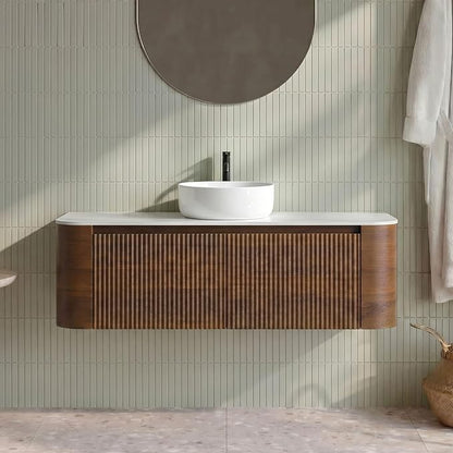 48" Preassembled Floating Bathroom Vanity with Round Sink, Walnut | Mid-Century Modern Style, Fluted & Soft-Close Drawer with U-shaped Wall, Sinterted Stone Countertop, Towel Rack Included