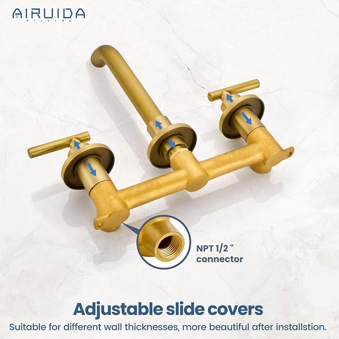Airuida Wall Mounted Antique Brass 3 Hole Dual Handle Bathroom Faucet with 360 Swivel Spout Vanity Sink Mixer Tap, Matte Finish | Lever Handle,3 Holes,360° Widespread Swivel Spout,Rotatable Bathroom Faucet