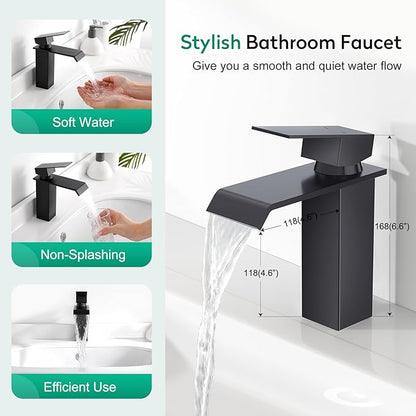 CREA Black Waterfall Bathroom Faucet 1 Hole,Matte Black Bathroom Faucet Single Handle Bathroom Sink Faucet with Pop Up Drain Stopper/ 3 Hole Plate,Stainless Steel RV Vanity Faucet Basin Mixer Tap