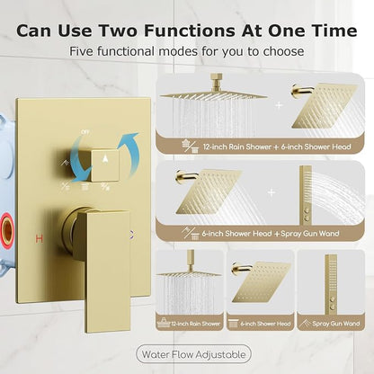 Shower Faucet Sets Shower Systems Brushed Gold,Bostingner Five Functions Knob Diverter Shower Sets with 2 in 1 Handheld Spray,12'' Ceiling Mount and 6'' Wall Mount Rainfall Dual Shower Faucet Trim Kit
