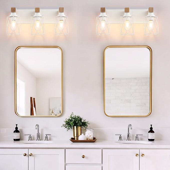 Farmhouse 3-Light Wood Bathroom Vanity Light, White Metal Cage Shade | Mounted Over Mirror, Industrial Rustic Style, Ideal for Bathroom, Bedroom, Hallway & Living Room, Easy To Install