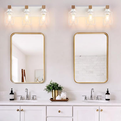Farmhouse 3-Light Wood Bathroom Vanity Light, White Metal Cage Shade | Mounted Over Mirror, Industrial Rustic Style, Ideal for Bathroom, Bedroom, Hallway & Living Room, Easy To Install