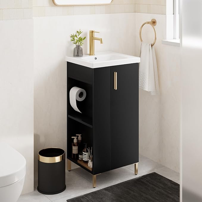 Pre-Assembled 16 Inch Black Small Bathroom Vanity, Freestanding Bathroom Cabinet with Ceramic Sink, Soft-Close Door, Left Side Storage, No Faucet, BV05-16-PUREBLACK-PLUS