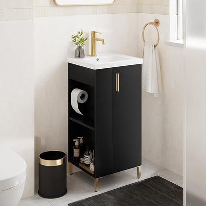 Pre-Assembled 16 Inch Black Small Bathroom Vanity, Freestanding Bathroom Cabinet with Ceramic Sink, Soft-Close Door, Left Side Storage, No Faucet, BV05-16-PUREBLACK-PLUS