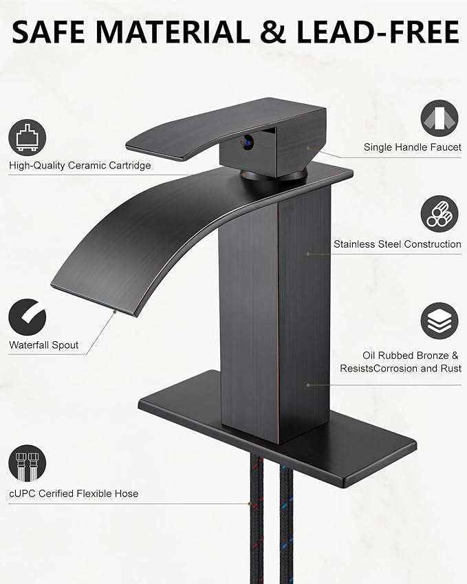 Midanya Waterfall Spout Bathroom Faucet Single Handle 1 Hole Bathroom Sink Faucet,Modern RV Lavatory Vanity Basin Tap with Water Hose,No Drain,Short Body,Oil Rubbed Bronze