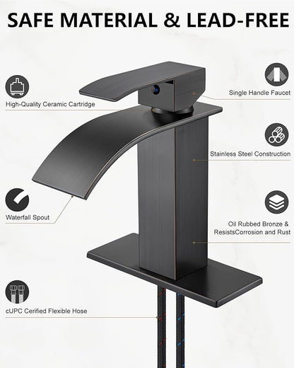 Midanya Waterfall Spout Bathroom Faucet Single Handle 1 Hole Bathroom Sink Faucet,Modern RV Lavatory Vanity Basin Tap with Water Hose,No Drain,Short Body,Oil Rubbed Bronze