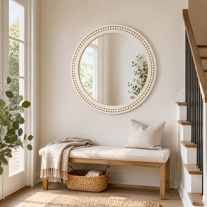 Saliwa 24 Inch Round Bathroom Mirror, White Wood Framed Wall Mirror, Rustic Farmhouse Round Mirror for Vanity, Entryway, Living Room, Bedroom and Hallway