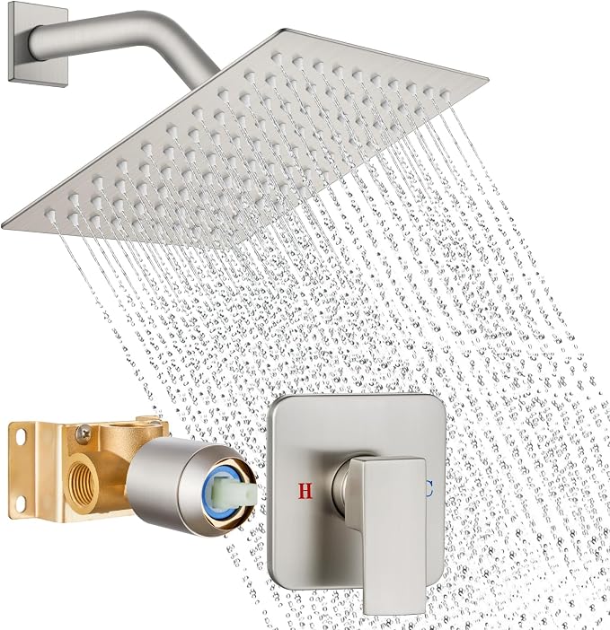 Brushed Nickel Shower Faucet Set, 8 Inch Rain Shower System with Valve | Complete Rain Shower Set with Valve, Single Handle Wall Mount Design