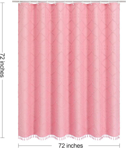 Pink Boho Woven Fabric Shower Curtain with Tassel 72 x 72, Tufted Textured | Modern Farmhouse Curtain for Bathroom, Standard Bathroom Curtain, Minimalist Decor, Waterproof