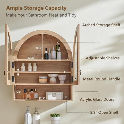 IFGET Bathroom Arched Wall Cabinet, 23.6'' Wide Medicine Cabinet with Adjustable Shelves & Glass Doors, Over The Toilet Storage Wall Mount Cabinet for Laundry Room, Kitchen & Living Room, Natural Oak