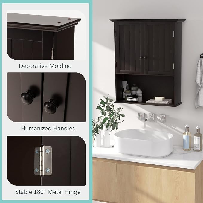 COSTWAY Wall Mounted Bathroom Cabinet, Over The Toilet Storage Cabinet w/Double Doors & Adjustable Shelf, Wood Hanging Medicine Cabinet for Living Room, Entryway, Kitchen (Brown) | Double Doors & Adjustable Shelf, Wood Hanging Medicine Cabinet for Livi...