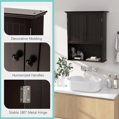 COSTWAY Wall Mounted Bathroom Cabinet, Over The Toilet Storage Cabinet w/Double Doors & Adjustable Shelf, Wood Hanging Medicine Cabinet for Living Room, Entryway, Kitchen (Brown) | Double Doors & Adjustable Shelf, Wood Hanging Medicine Cabinet for Livi...