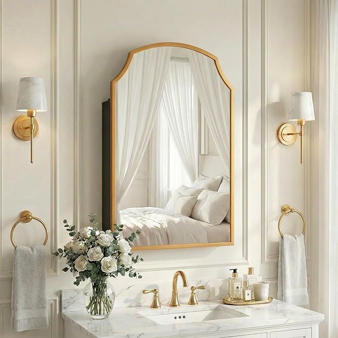 Casaphoria 30" H x 20" W Arched Bathroom Medicine Cabinet with Mirror,Metal Frame Wall Medicine Cabinets Mirrors, Wall Mirror Cabinet, Gold