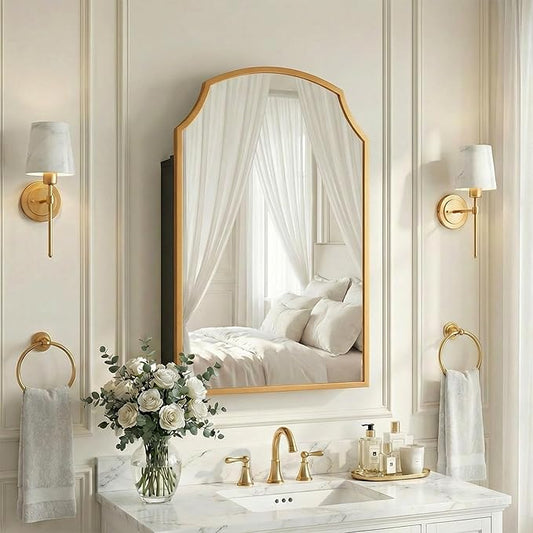 Casaphoria 30" H x 20" W Arched Bathroom Medicine Cabinet with Mirror,Metal Frame Wall Medicine Cabinets Mirrors, Wall Mirror Cabinet, Gold