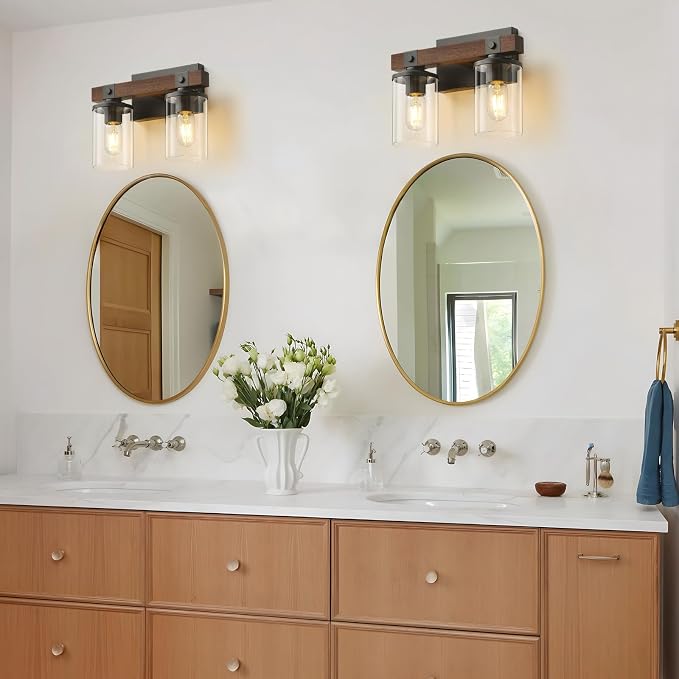 Farmhouse Vanity Light for Bathroom Wooden Rustic Vanity Lighting fixtures | 2-Light Bathroom Lights Over Mirror Vintage Wall Sconce Lighting with Clear Glass Shade for Bedroom Hallway