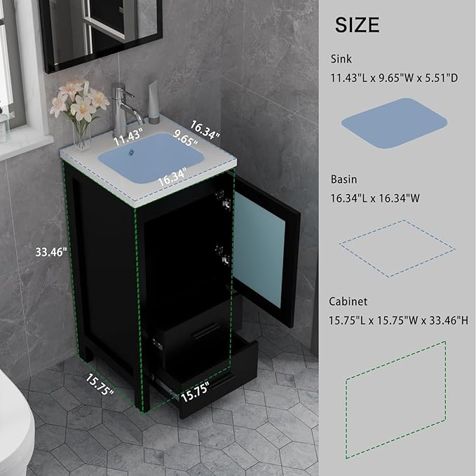 wonline 16 Inch Modern Bathroom Vanity with Sink, Single Bathroom Cabinet Vanity for Small Space, Freestanding Storage Drawered Cabinet with Faucet & Pop Up Drain, Black
