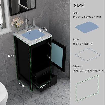 wonline 16 Inch Modern Bathroom Vanity with Sink, Single Bathroom Cabinet Vanity for Small Space, Freestanding Storage Drawered Cabinet with Faucet & Pop Up Drain, Black