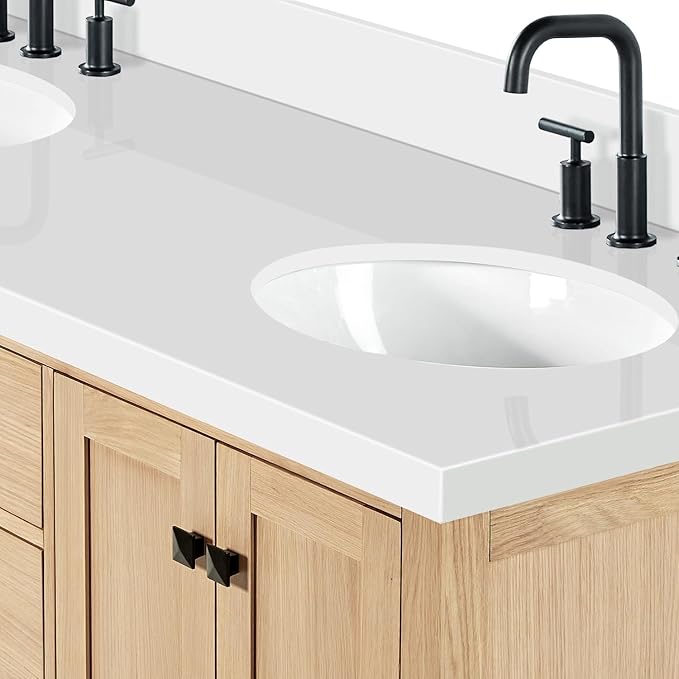 ARIEL Cambridge 66-inch Bathroom Vanity with Sink,Solid Wood, 1.5-inch Pure White Quartz Countertop & Backsplash, Double Oval Porcelain Sink, 4 Soft Closing Doors, 6 Dovetail Drawers, White Oak