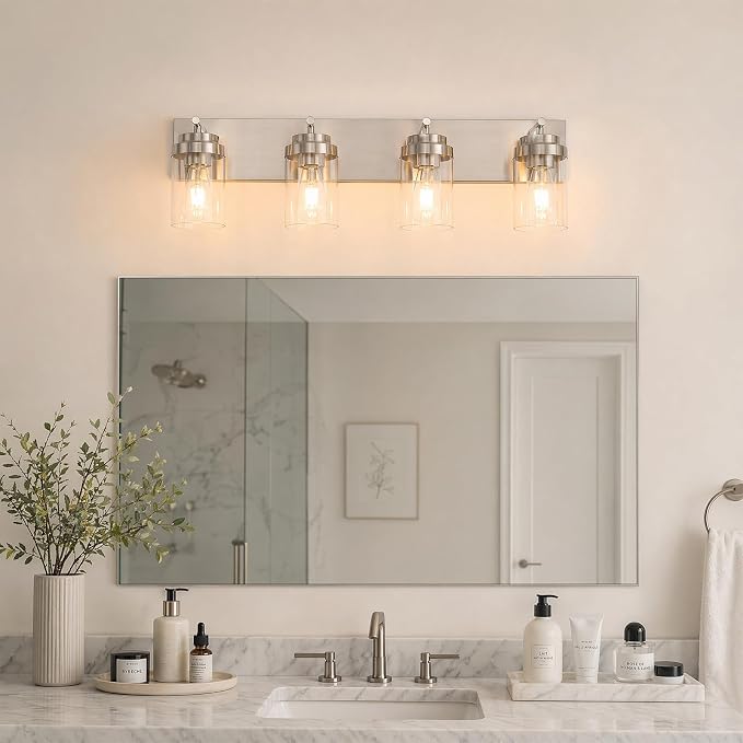 4-Light Bathroom Light Fixtures, Brushed Nickel Vanity Lights | Modern Bathroom Lighting Fixtures Over Mirror, Vanity Lights for Bathroom, Mirror, Restroom, Bedroom, E26