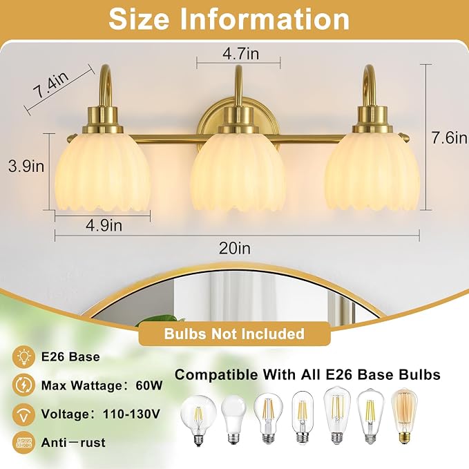 Bathroom Light Fixtures (3-Light, 20 Inch), Brushed Gold Vanity Lights for Bathroom with Ribbed Milk Tulip Glass Shade, Vintage Vanity Wall Lights for Mirror Bedroom Living Room Hallway