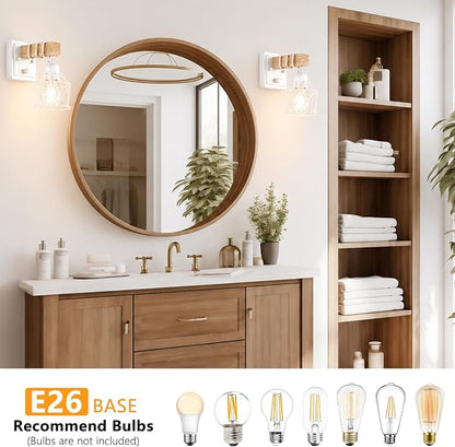 FadimiKoo Wall Sconces Set of Two, Farmhouse Hardwired White Wall Lamps with Wooden Arm & On/Off Dimmable Switch, Modern Bathroom Light Fixtures with Metal Shade for Living Room, Hallway, Bedroom