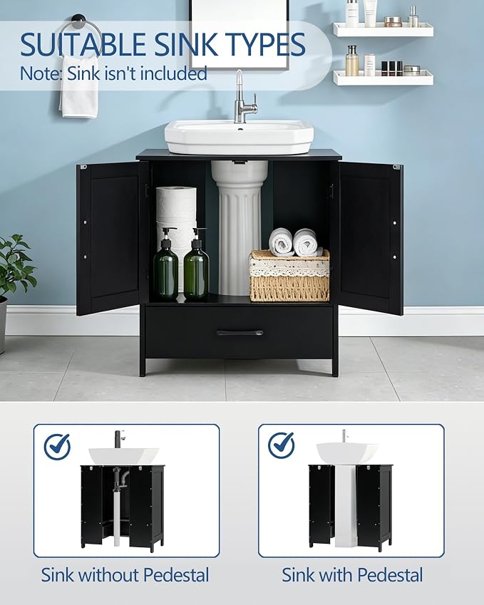Bathroom Vanity Sink Cabinet, Under Sink Storage Cabinet with 2 Doors, Waterproof Pedestal Sink Cabinet for Bathroom, Laundry Room, Kitchen, Black with Drawer