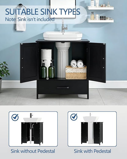Bathroom Vanity Sink Cabinet, Under Sink Storage Cabinet with 2 Doors, Waterproof Pedestal Sink Cabinet for Bathroom, Laundry Room, Kitchen, Black with Drawer