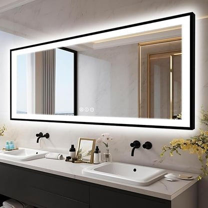 EchosLife 96x36 Large LED Bathroom Mirror with Lights - Black Aluminum Trim | Black Frame, Front and Backlit, Anti-Fog, Stepless Dimmable, 3 Colors, Memory, Tempered Glass, UL Listed, Horizontal/Vertical