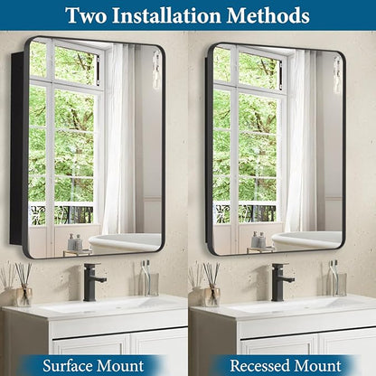 20’’x30’’ Medicine Cabinet,Metal Framed Medicine Cabinet Mirror with Round Corner,Recessed and Surface Mount Bathroom Mirror with Storage, Removeable Shelves,Dark Gray Frame
