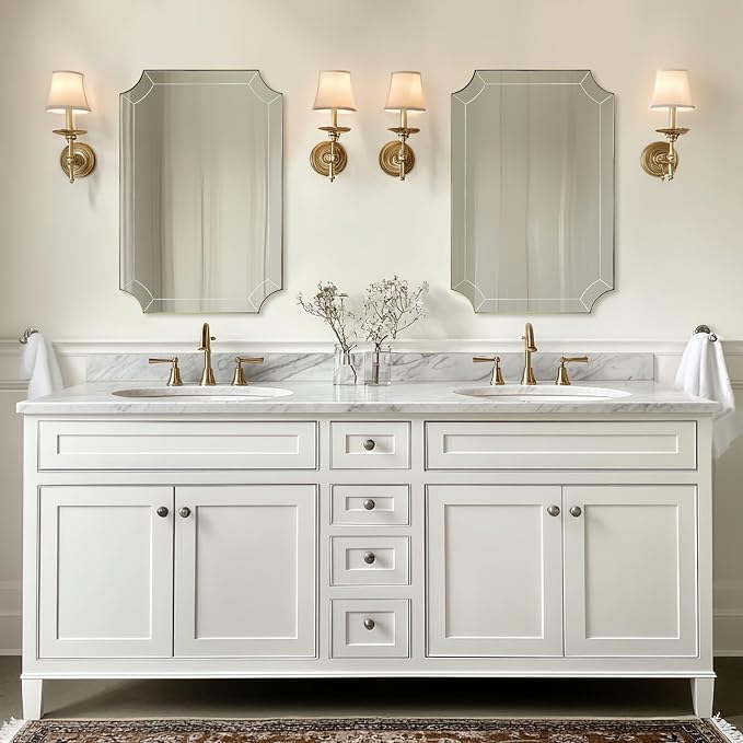 24x36 Scalloped Mirror, Gold Rectangle Wall Mirror with Scallop Corner, Non-Rusting Vanity Mirror with Curved Cutouts Hangs Horizontal & Vertical