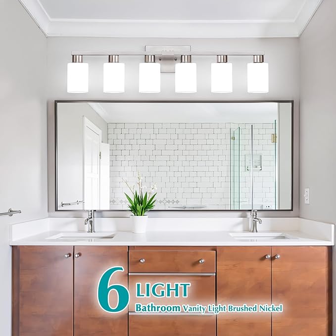 6-Light Bathroom Vanity Light Brushed Nickel Bathroom Light Fixture Vanity Lights with Milky White Frosted Glass Shades Wall Sconces Over Mirror E26 Socket Bulbs Not Included