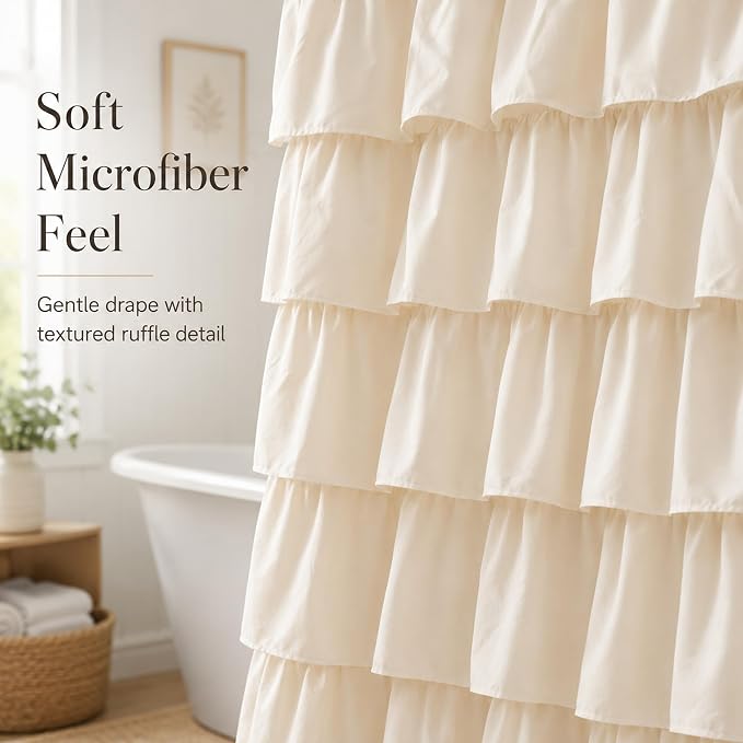 Beige Ruffle Shower Curtain for Bathroom, 72x72, Elegant Ruffled Panle | Soft Cream Color, Cascading Waterfall Ruffles, 72 x 72, 12 Hooks Included, Machine Washable, Soft Microfiber Fabric, Opaque