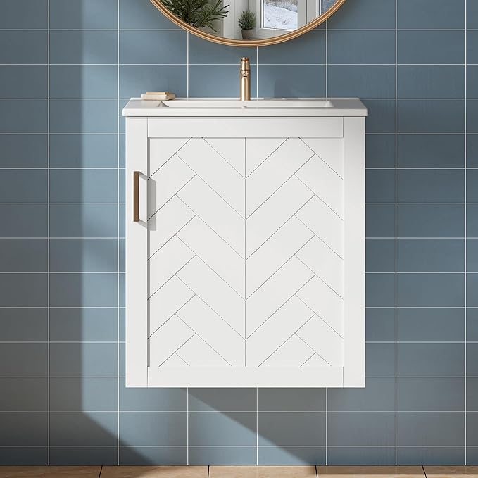 Merax Herringbone Single Sink Bathroom Vanity, Floating 20" Modern Bathroom Vanity Cabinet with Side Storage, Toilet Paper Holder, Solid Wood Cleat Wall Mount